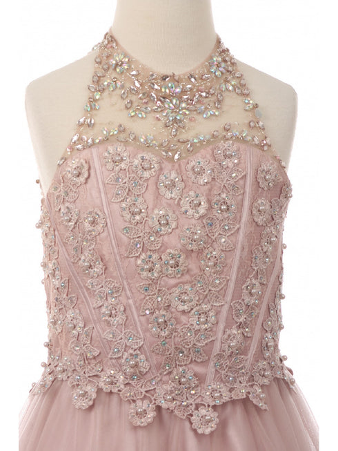 Big Girls Dusty Rose Halter Neck Rhinestone Sequin Junior Bridesmaid Dress 8-16 - SophiasStyle.com